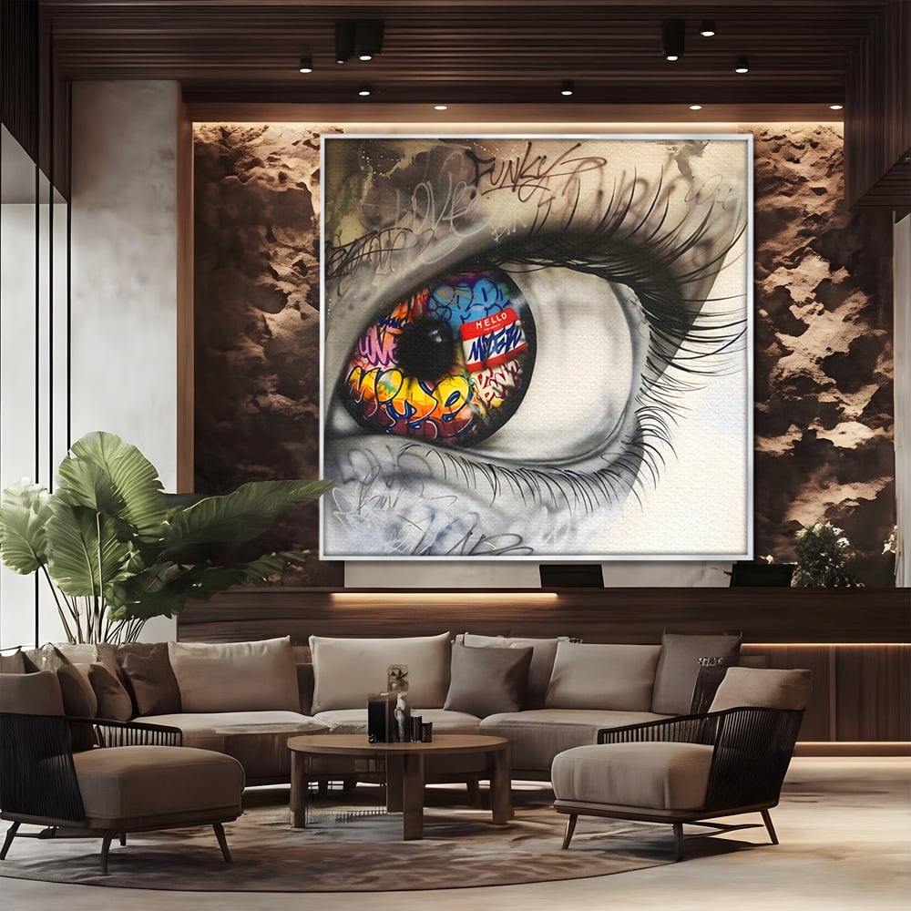 Tablou canvas cu tablou canvas cu ochi uman si graffiti, in rama de aluminiu argintiu, pe perete intr-un birou